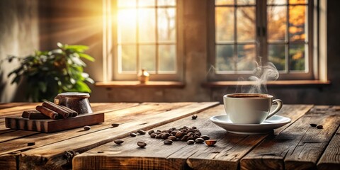 Canvas Print - Warm Aromatic Coffee on Rustic Wooden Table near Window