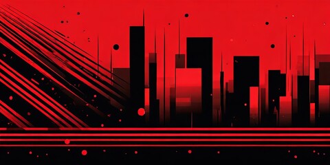 Poster - A red background with a city skyline in the foreground