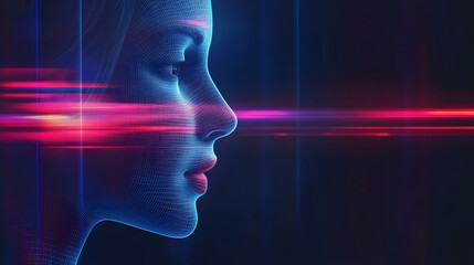 Aufkleber - A digital portrait of a woman's profile, enhanced with neon effects, showcasing a blend of technology and artistry