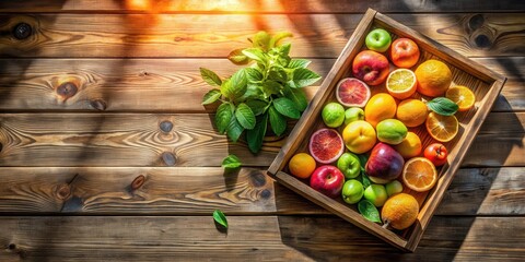 Poster - Sunlit Wooden Crate Overflowing with Vibrant Citrus Fruits and Apples