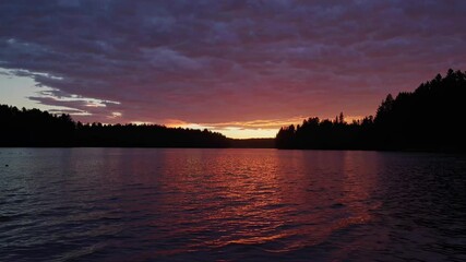 Aufkleber - Sunset over calm lake with vibrant colors and dark silhouettes of trees on the horizon