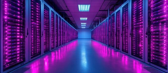 Wall Mural - Futuristic Data Center with Vibrant Pink and Blue LED Lighting in a Modern Server Room Environment