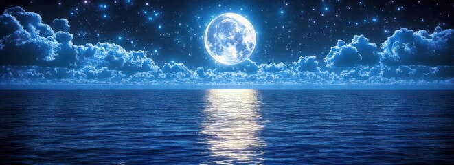 moonlit seascape with clouds and stars over sparkling ocean water