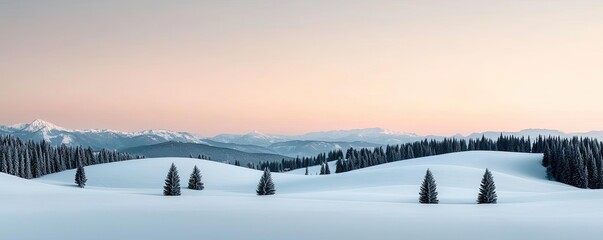 Snowy landscapes nature idea. Serene winter landscape with snow-covered hills and pine trees under a pastel sky.