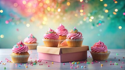 Poster - Pink frosted cupcakes in a pastel gift box with sprinkles