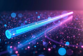 Poster - Floating 3D search bar in a futuristic virtual space with swirling data and holograms, glowing neon blue and purple, a sleek interface for advanced tech.
