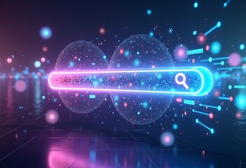 Poster - Glowing neon blue and purple 3D search bar, floating in a virtual space with swirling data and holograms, a futuristic and sleek technology interface.
