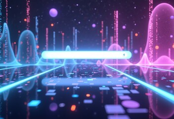 Poster - Sleek 3D search bar in a futuristic setting, surrounded by swirling data, holograms, and vibrant neon blue and purple glows, a concept for virtual reality.
