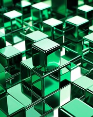 Poster - Green metallic cubes with polished chrome like reflections and sharp edges abstract background