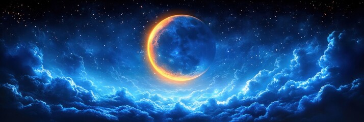 Wall Mural - Glowing Crescent Moon Over Starry Night Sky with Fluffy Clouds and Dreamy Atmosphere