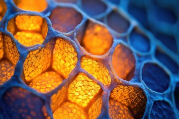 Fototapete - Close-up of honeycomb structure, illuminated with warm orange and cool blue tones, showcasing intricate details and textures.