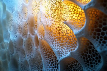 Fototapete - Intricate honeycomb-like structure with blue and orange hues, showcasing a detailed organic texture.