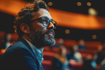 Man with glasses and beard looking up at the audience in a public speaking or presentation setting