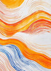 Poster - abstract background ,pattern of orange, blue, and white lines on the surface with undulating waves.