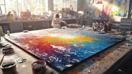 Poster - Creative child engages in colorful abstract painting in vibrant art studio filled with supplies. Generative AI