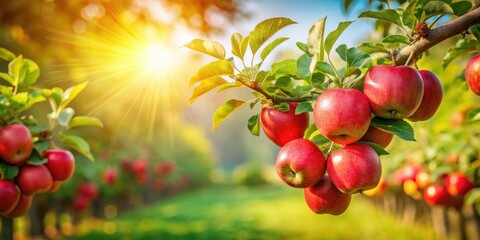 Aufkleber - Sunlit Orchard with Ripe Red Apples on Branch