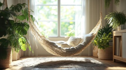 Poster - Cozy hammock in a sunlit room filled with plants and natural decorations for relaxation. Generative AI