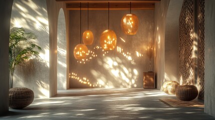 Aufkleber - Sculptural lighting casts warm shadows in a tranquil indoor space with natural elements. Generative AI