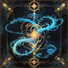 Poster - intricate glowing swirls of blue and gold create a mesmerizing cosmic design in a dark celestial bac