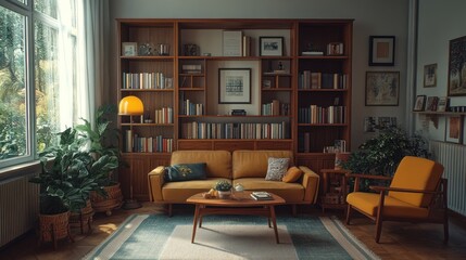 Aufkleber - Cozy living room with yellow furniture and bookshelves filled with books and plants in afternoon light. Generative AI