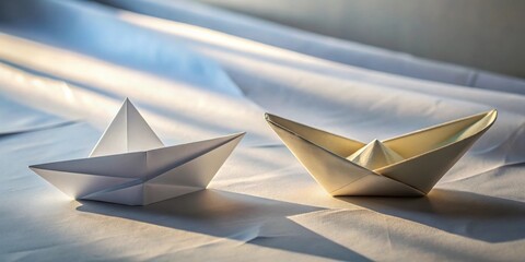 Aufkleber - Two Origami Paper Boats on a Soft Fabric Surface, Illuminated by Sunlight