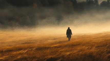 Poster - Person walking through a foggy meadow during early morning hours with golden grass. Generative AI