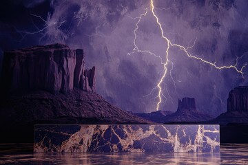Wall Mural - Dramatic lightning storm over a purple desert landscape, featuring a large marble slab.