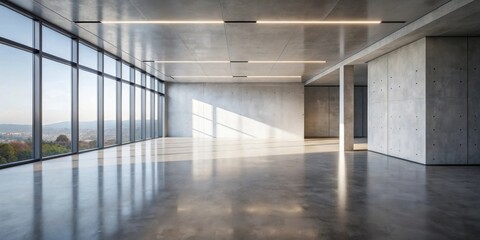 Poster - Modern minimalist open-plan office space with expansive windows and polished concrete floors
