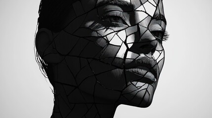 Poster - Intricate portrait of a woman with a shattered glass effect showcasing beauty and vulnerability. Generative AI