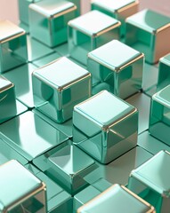 Poster - Mint green metallic cubes with polished mirror like reflections and soft gradients abstract background