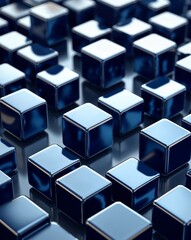 Poster - Navy blue metallic cubes with polished surfaces and soft diffused light reflections abstract background