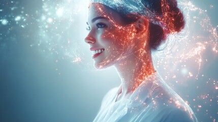 Aufkleber - Woman with glowing digital elements in a creative art depiction showcasing innovation and beauty. Generative AI