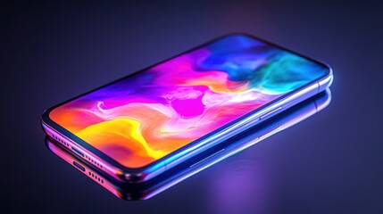 Aufkleber - Smartphone displaying vibrant abstract colors on its screen against a dark background. Generative AI
