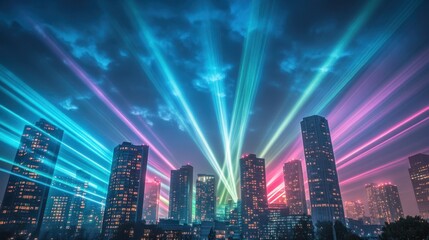 Poster - Colorful laser beams illuminate a city skyline during a vibrant nighttime event. Generative AI