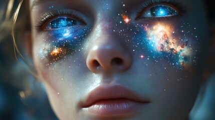 Poster - Surreal portrait of a young woman with cosmic patterns in her eyes representing the universe. Generative AI