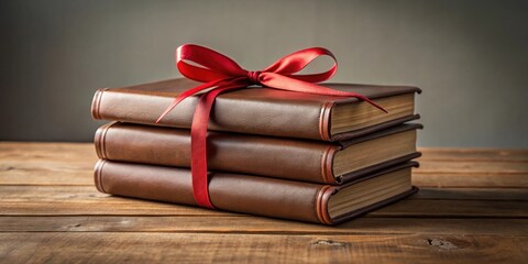 Aufkleber - A stack of leather-bound books tied with a red ribbon, a thoughtful gift or treasured collection