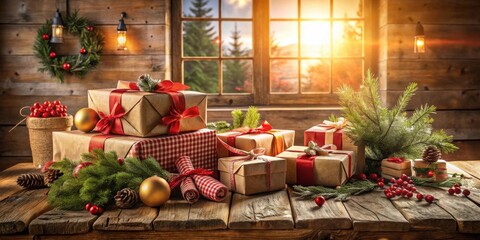 Aufkleber - Rustic Christmas scene with wrapped gifts on a wooden table, illuminated by warm light filtering through a window