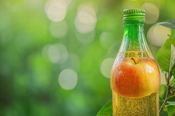 Green bottle with apple cider and a red apple inside