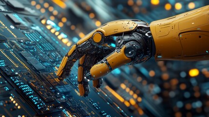 Poster - A robotic hand with yellow accents is reaching towards a glowing control panel filled with intricate circuits and lights in a high-tech environment