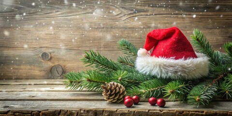 Poster - Festive Winter Scene with Evergreen Branches, Santa Hat, Pine Cone, and Ornaments on Rustic Wood