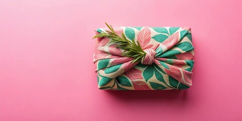 Aufkleber - A beautifully wrapped gift, adorned with a sprig of greenery, rests on a vibrant pink background.