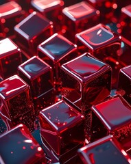 Poster - Ruby red metallic cubes with deep glossy surfaces and shimmering highlights abstract background