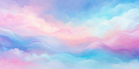 Poster - Dreamlike Pastel Landscape of Rolling Hills and Fluffy Clouds