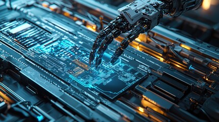 Poster - Robotic Hand Interacting with Circuit Board with A Futuristic Tech Scene