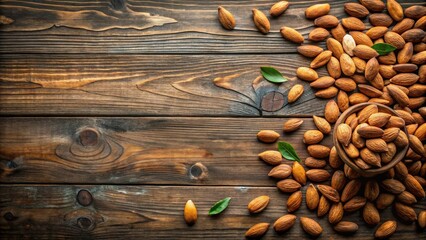Poster - Rustic wooden surface adorned with scattered almonds and a bowl of almonds, complemented by fresh green leaves