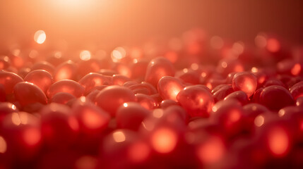Poster - close-up of glossy red gel pearls glimmering under warm light in a soft and blurred background for c
