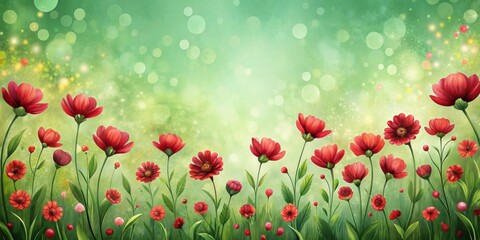 Aufkleber - Red flowers in a dreamy green field with bokeh background