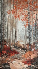 Poster - Autumnal Forest Path Through Red And Gray Trees
