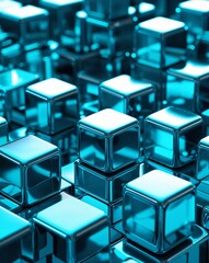 Poster - Turquoise metallic cubes with smooth chrome reflections and deep blue highlights abstract background