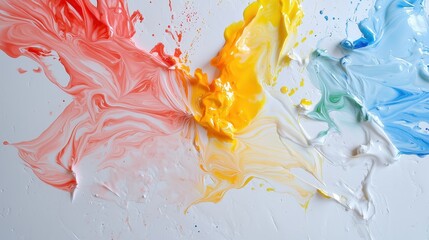 Group of colorful paint splashes on a white surface creating abstract art